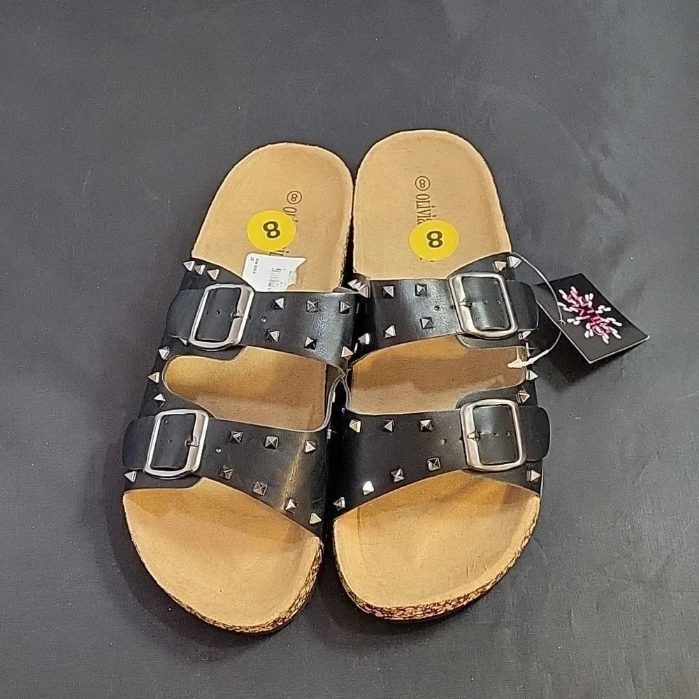 BRAND NEW OLIVIA MILLER DOUBLE STRAP PYRAMID STUDDED DETAILING ROUND TOE SANDAL - Picture 2 of 13